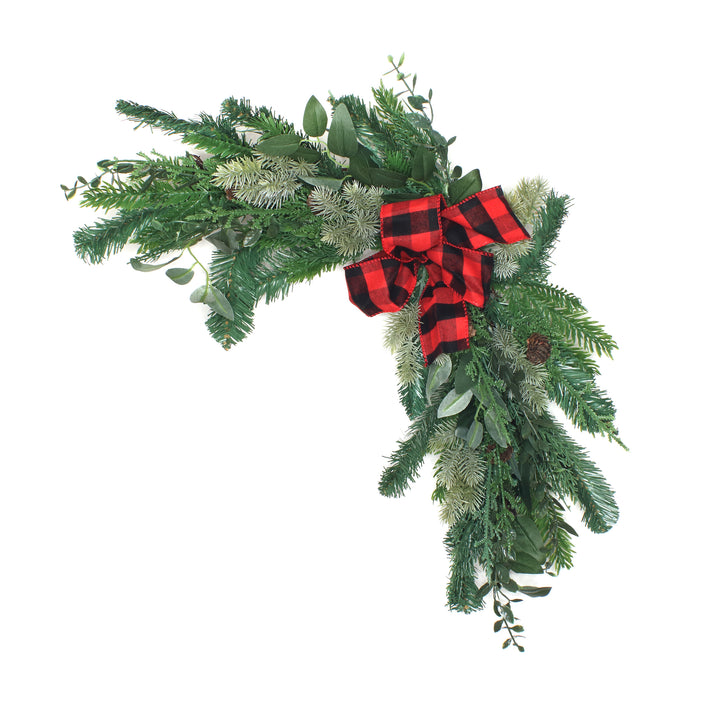National Tree Company Mixed Pine and Bow Christmas Corner Swags with Plaid Bow and Pinecones, Set of Two, 24 in