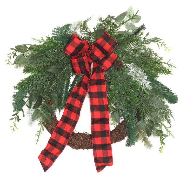 National Tree Company Artificial Mixed Pine and Bow Christmas Wreath, Evergreen Branch Tips and Leafy Greens Decorated with Petite Pinecones, Red & Black Plaid Bow, 22 in