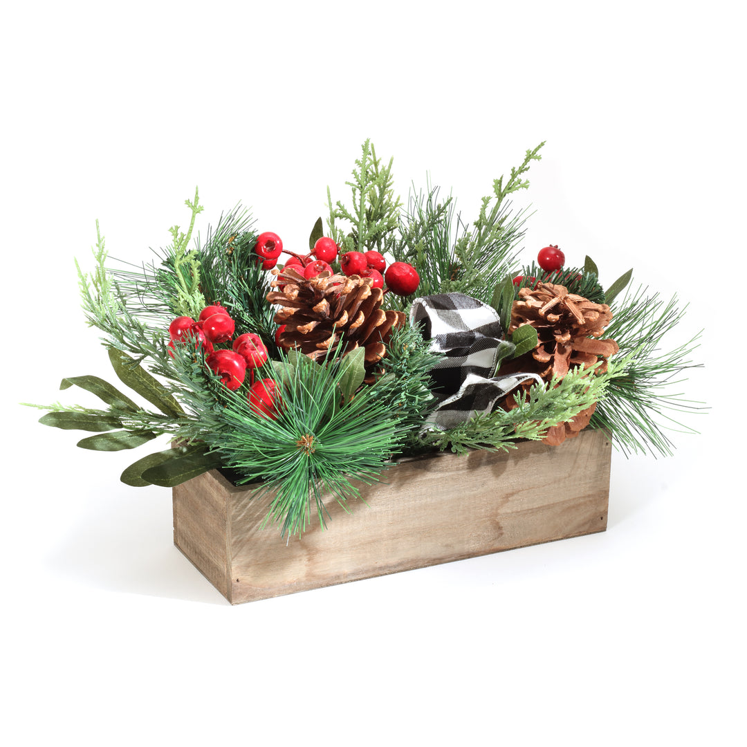 National Tree Company Christmas Mixed Pine and Berries Arrangement with Wood Box Base, 16 in