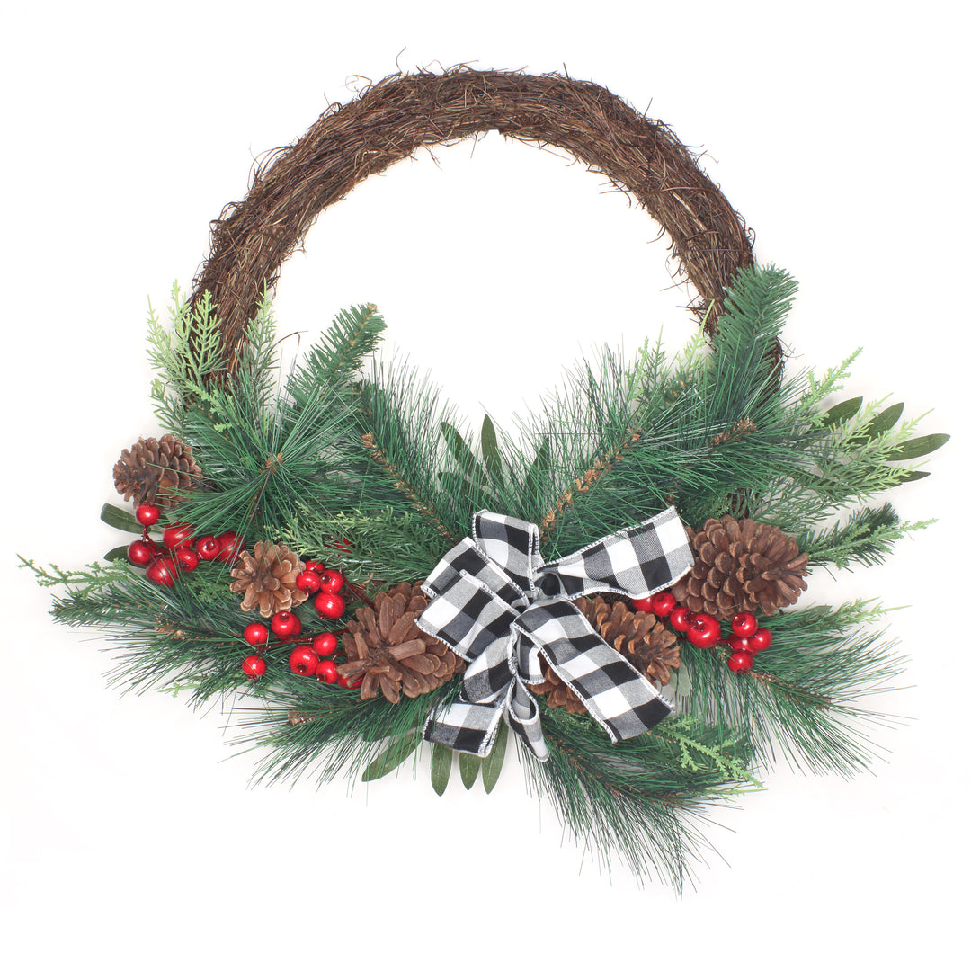National Tree Company Artificial Christmas Mixed Pine and Berries Wreath, Decorated with Red Berries, Pinecones, and Black & White Plaid Bow, Bristle Branch Tips, 24 in