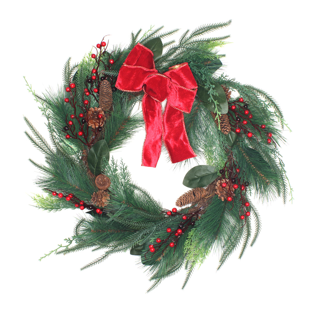 National Tree Company Artificial Christmas Mixed Pine Bristle Branch Wreath, Decorated with Red Bow, Berries, and Pinecones, 26 in