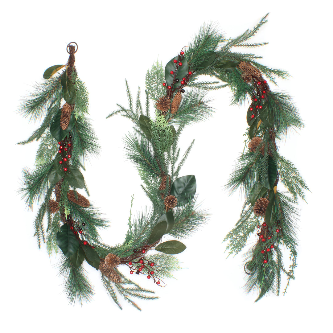 Artificial Garland Mixed Pine, Green, Decorated with Leafy Greens, Pine Cones, Berry Clusters, Christmas Collection, 9 Feet