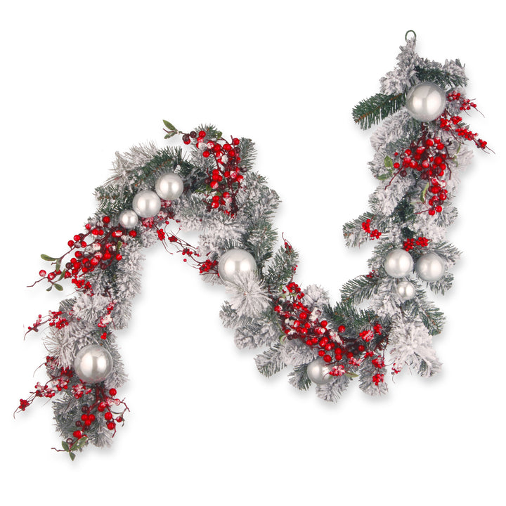 Artificial Christmas Garland, Silver, Evergreen, Decorated with Ball Ornaments, Berry Clusters, Christmas Collection, 6 Feet