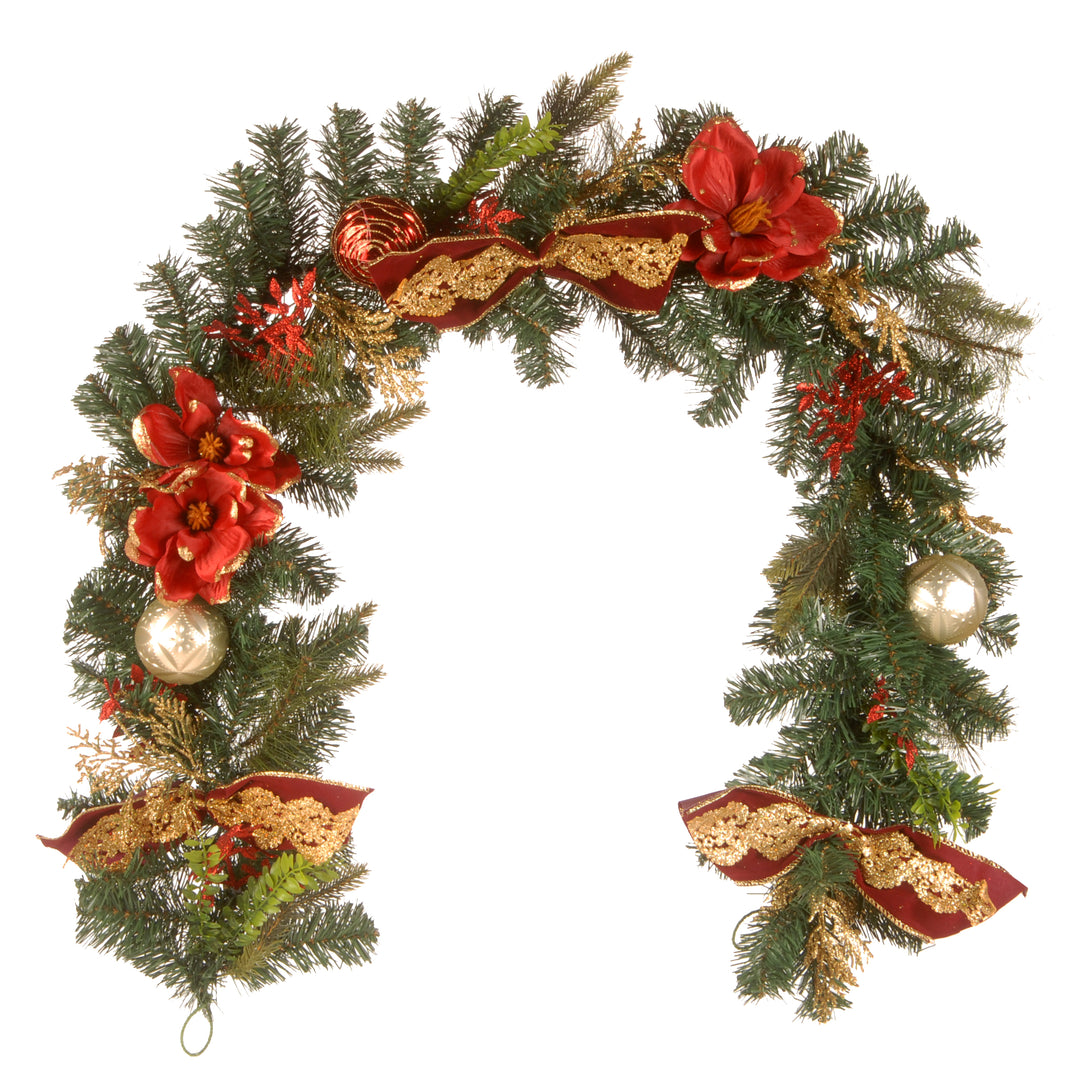 National Tree Company Artificial Christmas Garland, Green, Evergeen, Decorated With Ball Ornaments, Poinsettia Flowers, Ribbon Bows, Plug In, Christmas Collection, 6 Feet