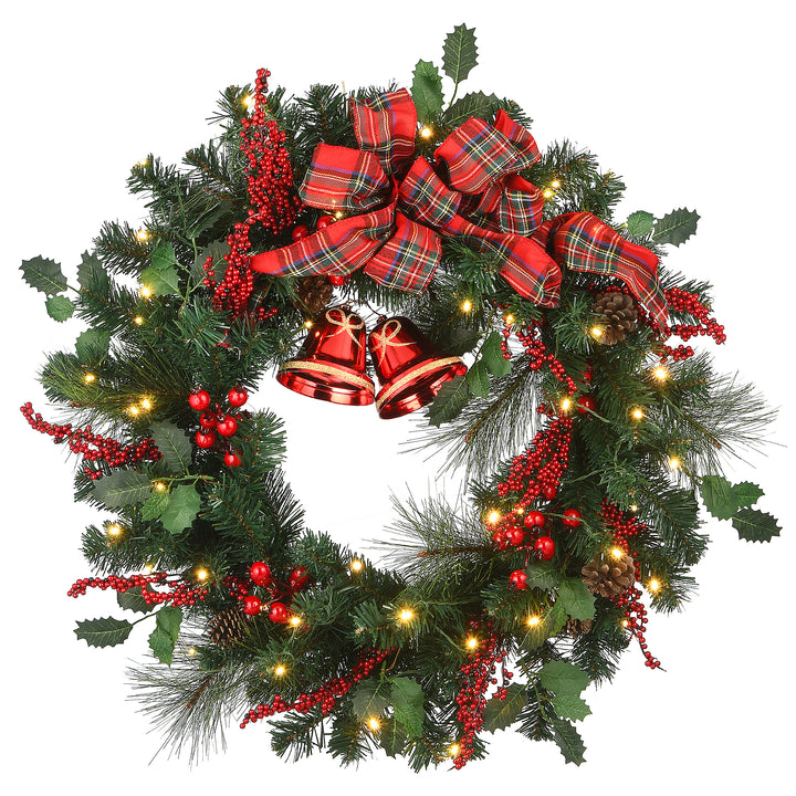 30" Holiday Plaid Bow Prelit Wreath