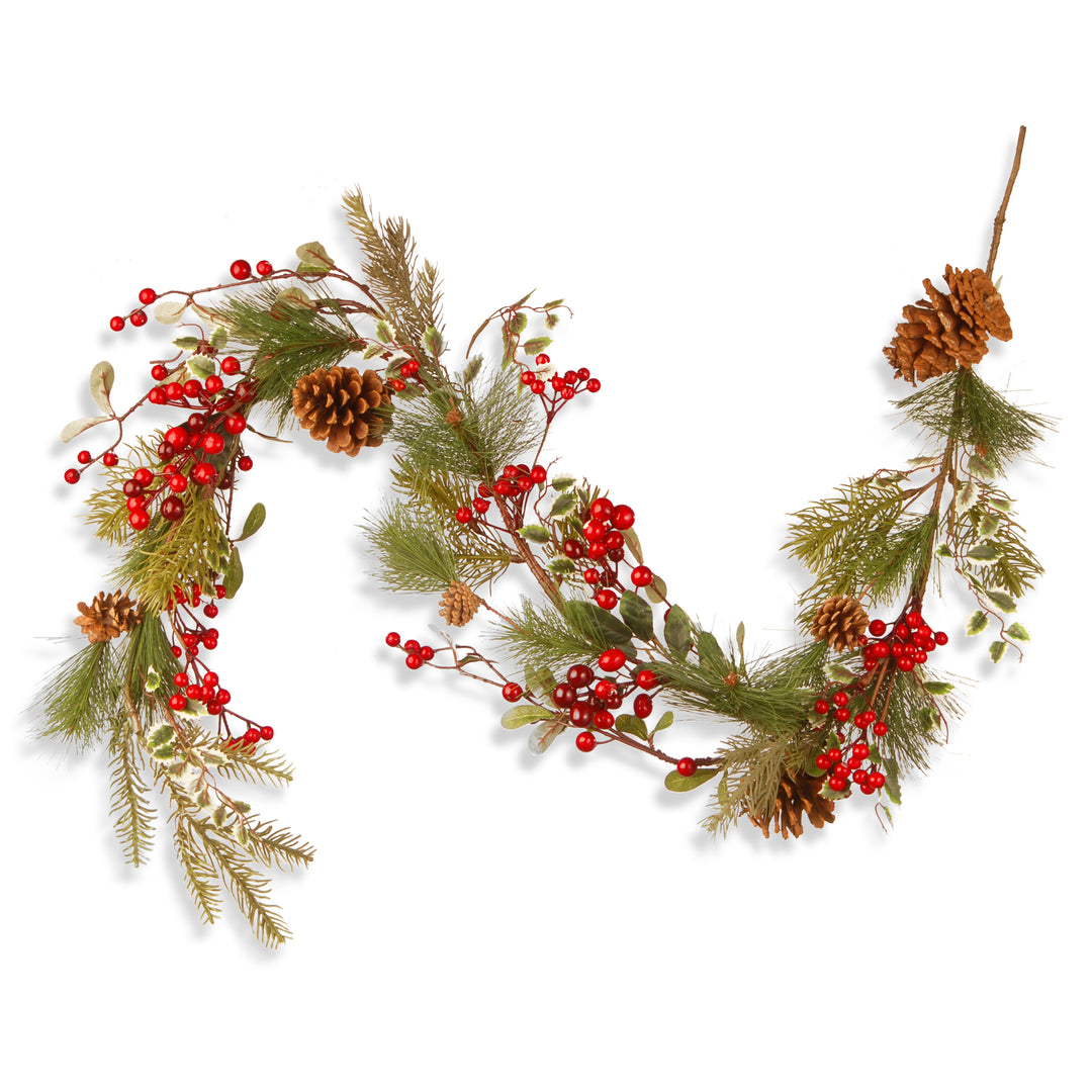 Artificial Christmas Garland, Green, Evergreen, Decorated With Pine Cones, Berry Clusters, Frosted Branches, Christmas Collection, 5 Feet