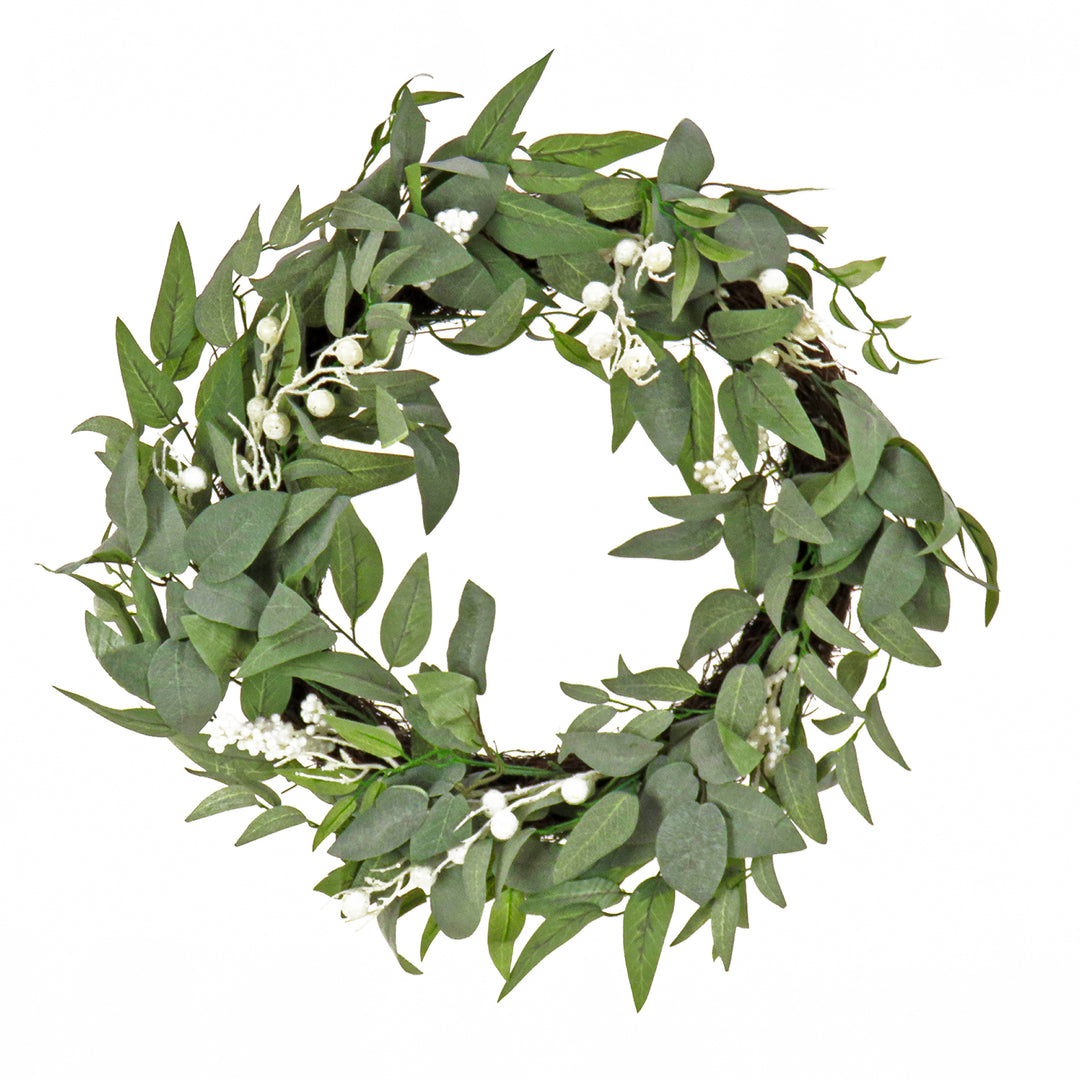 National Tree Company Artificial Mixed Green Leaves Christmas Wreath, Decorated with White Berry Clusters, Woven Branch Base, 24 in