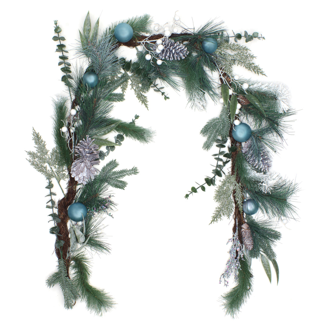 Artificial Garland Evergreen, Green, Decorated with Blue Ball Ornaments, Leafy Greens, Pine Cones, Christmas Collection, 6 Feet