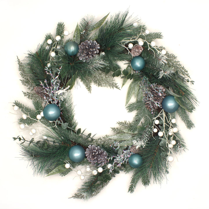 National Tree Company Artificial Decorated Evergreen Christmas Wreath, with Berry Clusters, Silver Pinecones, and Leafy Greens, 24 in