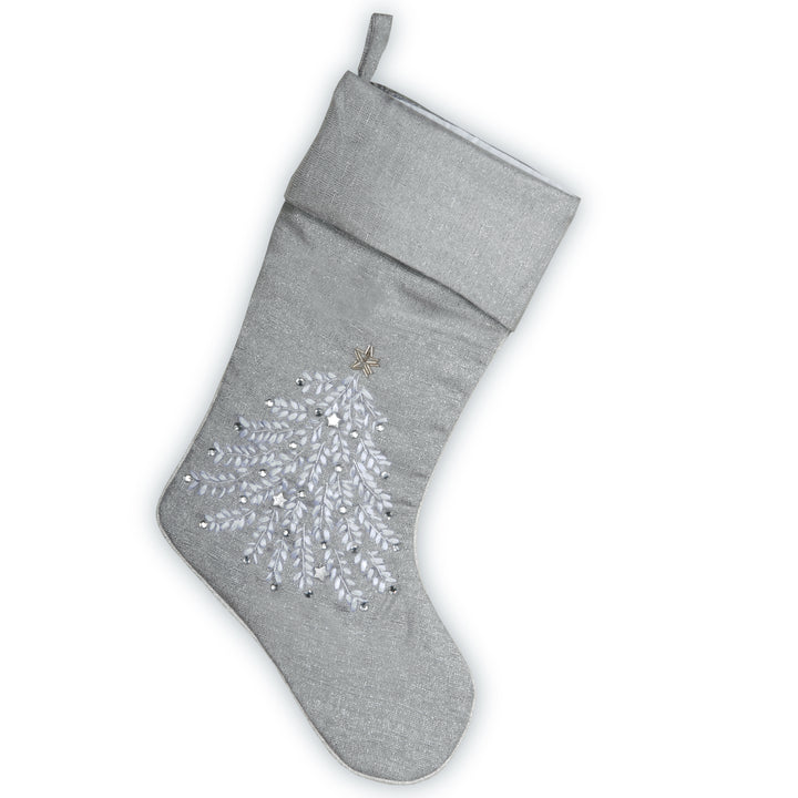 National Tree Company Silver Stocking with Christmas Tree Design