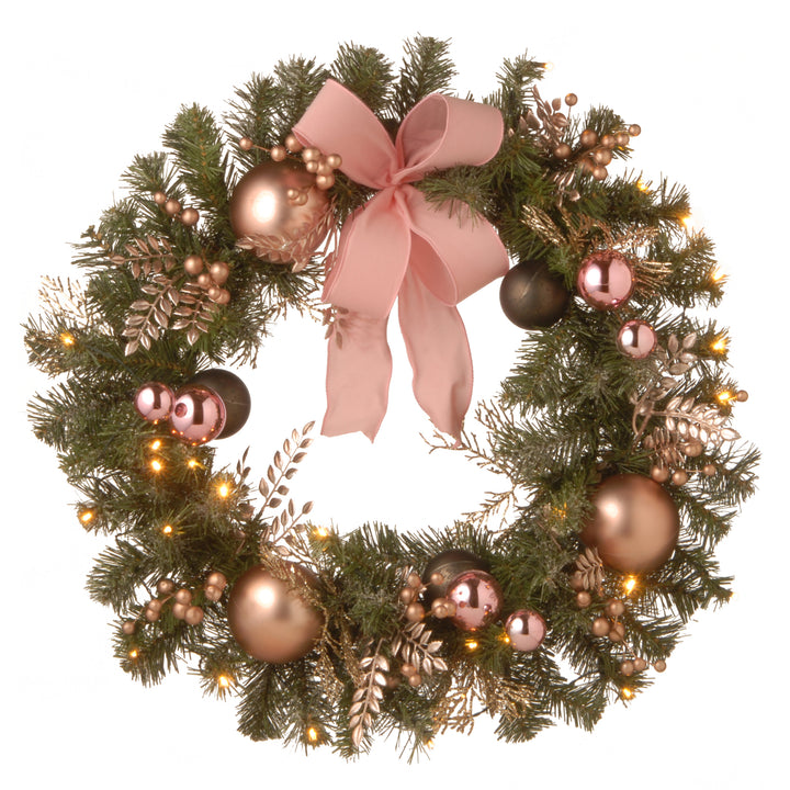 National Tree Company Pre-Lit Artificial Christmas Wreath, Green, Bristle Berry Pine, White Lights, Decorated with Ball Ornaments, Pink Ribbon Bows, Twigs, Christmas Collection, 28 Inches