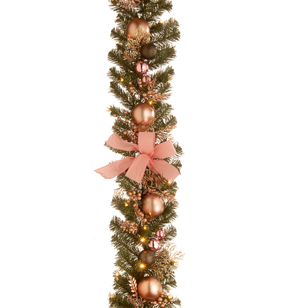 National Tree Company Artificial Christmas Garland, Green, Norwood Fir, Decorated With Pink Ribbon Bows, Berry Clusters, Ball Ornaments, Christmas Collection, 9 Feet