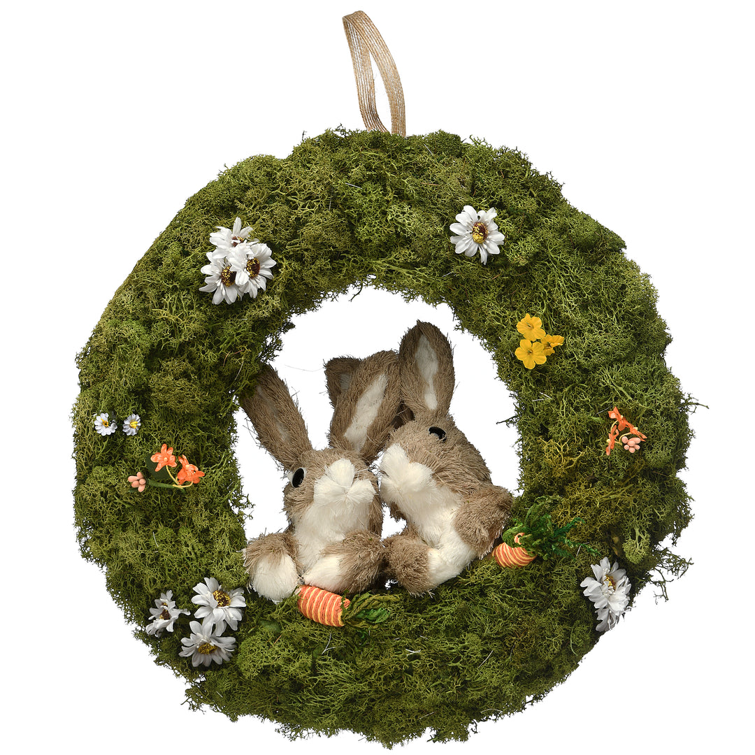 Artificial Wreath, Decorated with Flower Blooms, Rabbits, Easter Collection, 15 Inches