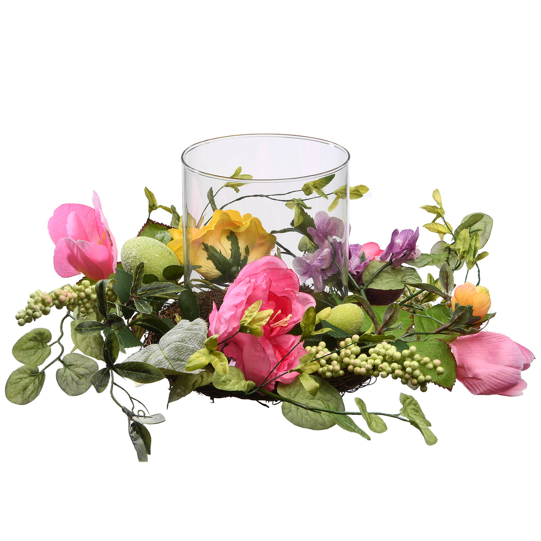 Artificial Spring Candleholder, Decorated with Flower Blooms, Pastel Eggs, Berry Clusters, Easter Collection, 16 Inches