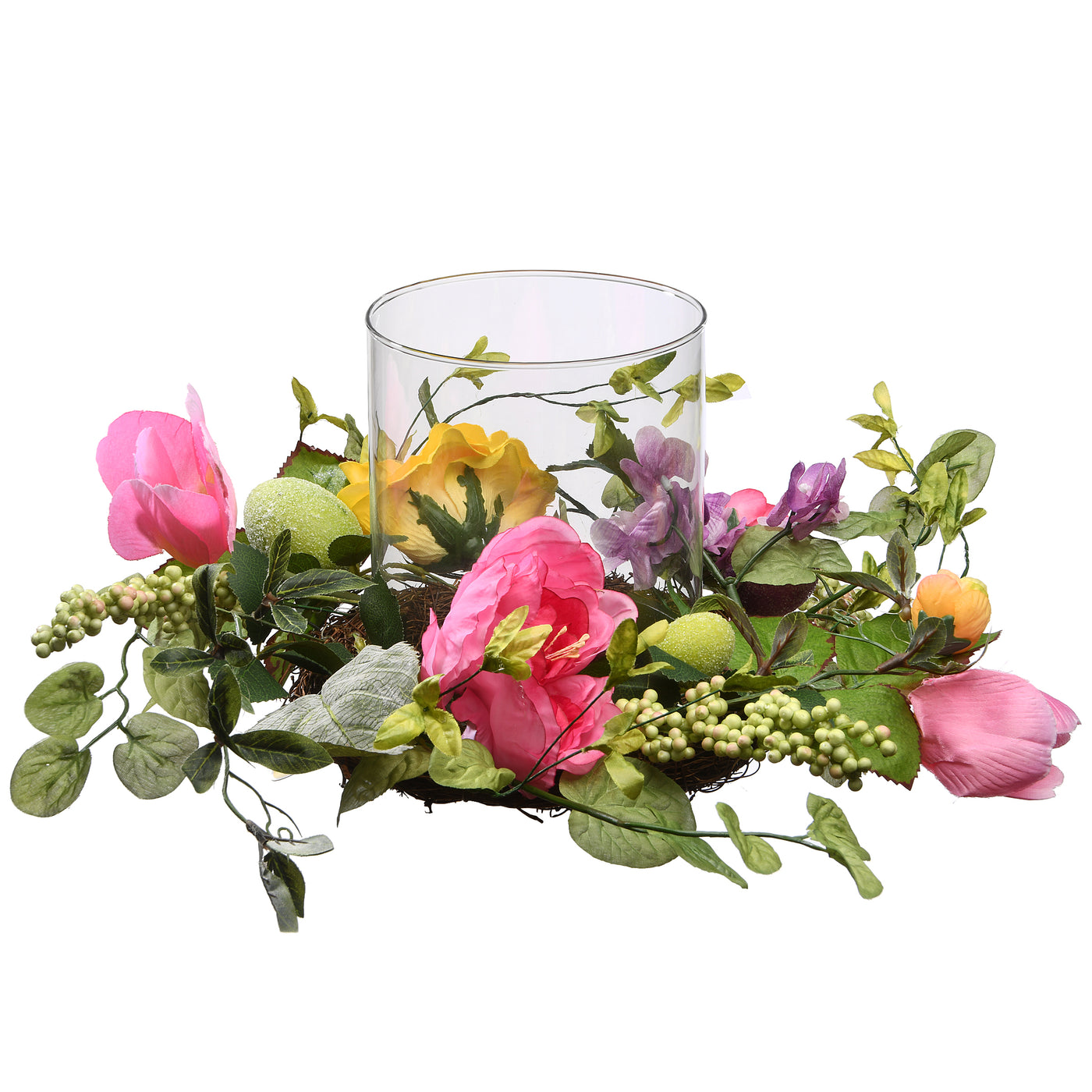 Artificial Spring Candleholder, Decorated with Flower Blooms, Pastel Eggs, Berry Clusters, Easter Collection, 16 Inches - National Tree Company