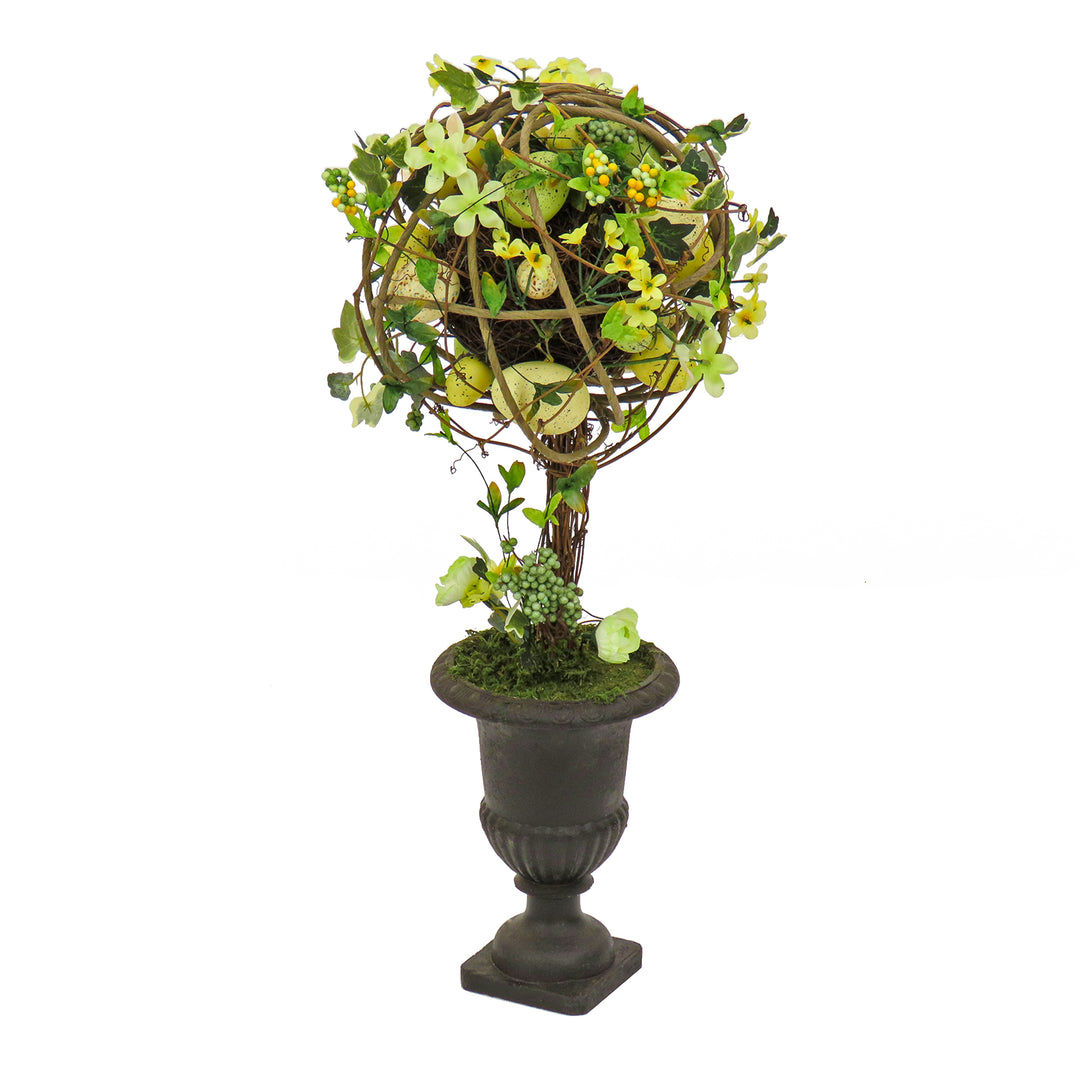 Artificial Single Ball Topiary, Green, Decorated with Flower Blooms and Pastel Eggs, Vine, Spring Collection, 26 Inches