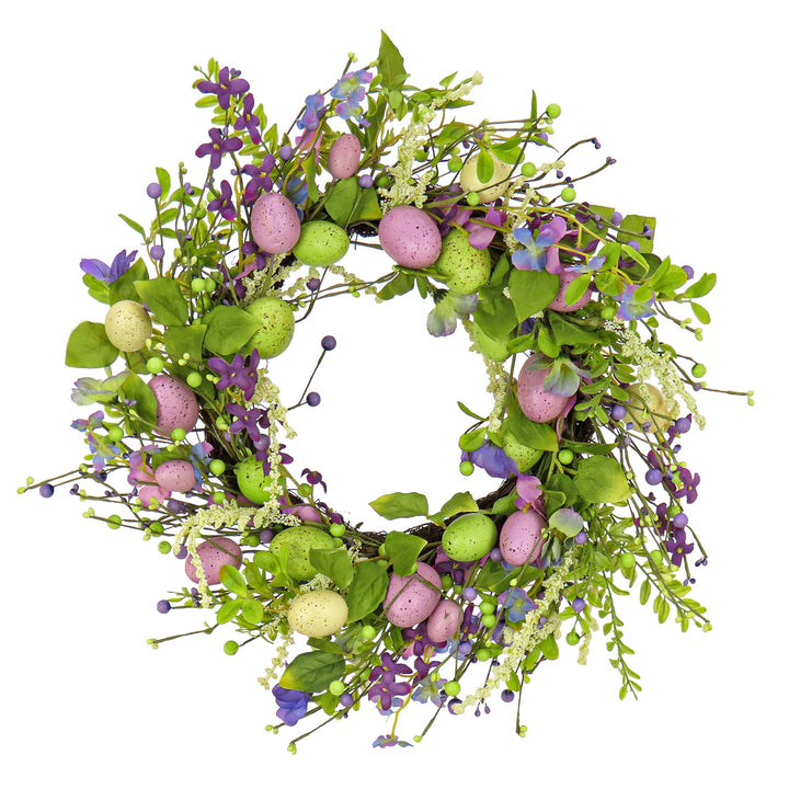 Artificial Spring Wreath, Woven Branch Base, Decorated with Purple Flower Blooms, Pastel Eggs, Berries, Easter Collection, 20 Inches