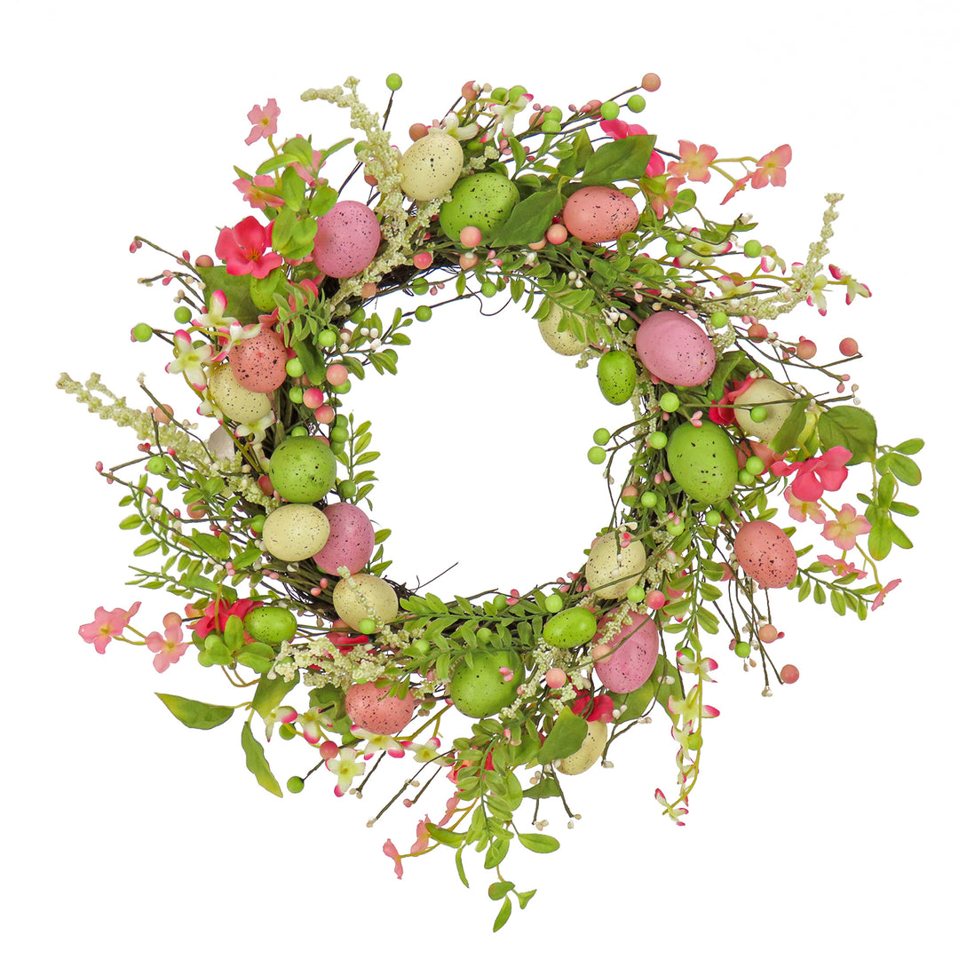 Artificial Spring Wreath, Woven Branch Base, Decorated with Pink Flower Blooms, Pastel Eggs, Berries, Easter Collection, 20 Inches