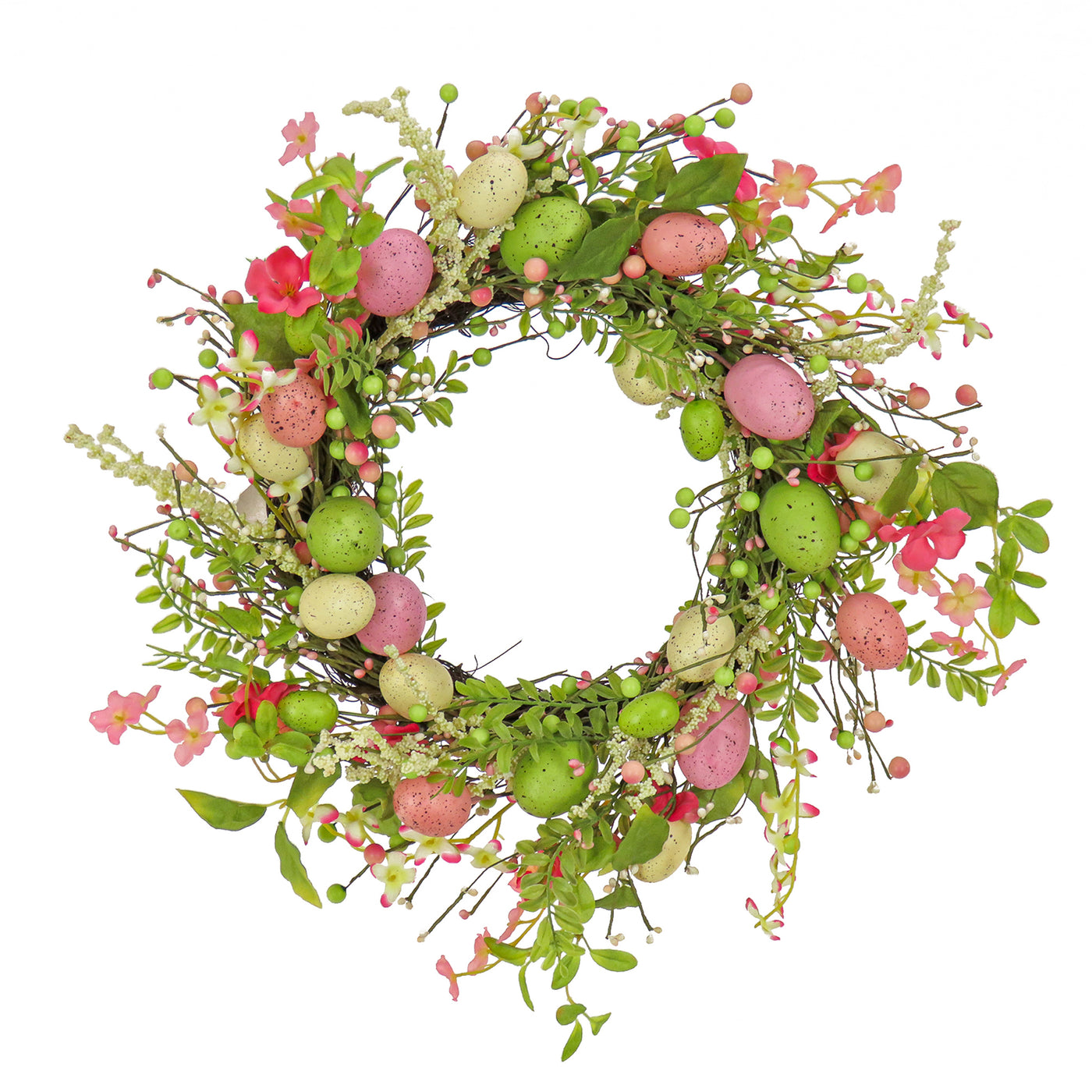 Artificial Spring Wreath, Woven Branch Base, Decorated with Pink Flower Blooms, Pastel Eggs, Berries, Easter Collection, 20 Inches - National Tree Company