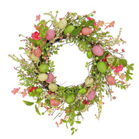 Artificial Spring Wreath, Woven Branch Base, Decorated with Pink Flower Blooms, Pastel Eggs, Berries, Easter Collection, 20 Inches - National Tree Company