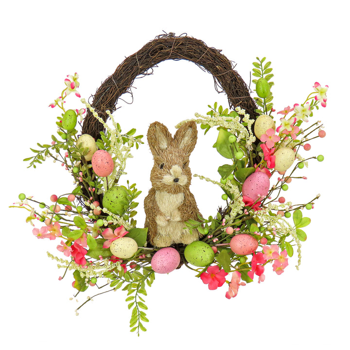 Artificial Spring Wreath, Woven Branch Base, Decorated with Wooden Bunny, Pink Flower Blooms, Pastel Eggs, Berries, Easter Collection, 16 Inches