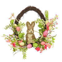 Artificial Spring Wreath, Woven Branch Base, Decorated with Wooden Bunny, Pink Flower Blooms, Pastel Eggs, Berries, Easter Collection, 16 Inches - National Tree Company