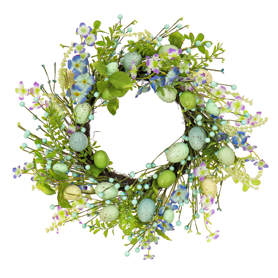 Artificial Spring Wreath, Woven Branch Base, Decorated with Blue Flower Blooms, Pastel Eggs, Berries, Easter Collection, 20 Inches