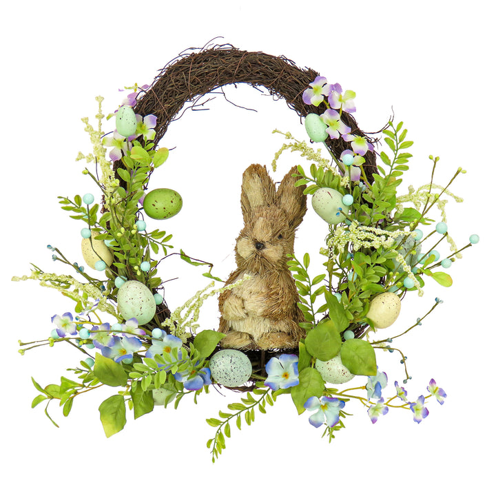 Artificial Spring Wreath, Woven Branch Base, Decorated with Wooden Bunny, Blue Flower Blooms, Pastel Eggs, Berries, Easter Collection, 16 Inches
