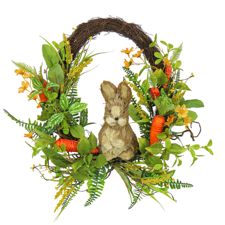 Artificial Spring Wreath, Woven Branch Base, Decorated with Wooden Bunny, Carrots, Leafy Greens, Berries, Easter Collection, 16 Inches