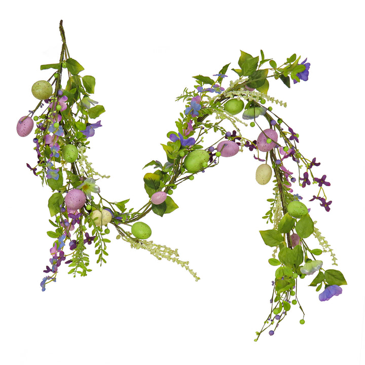 Artificial Spring Garland, Vine Stem Base, Decorated with Pastel Eggs, Purple Flowers, Berries, Easter Collection, 60 Inches