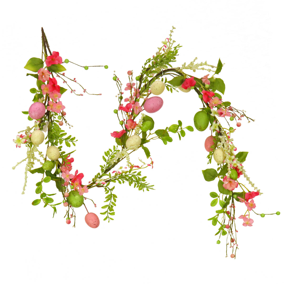 Artificial Spring Garland, Vine Stem Base, Decorated with Pastel Eggs, Pink Flowers, Berries, Easter Collection, 60 Inches