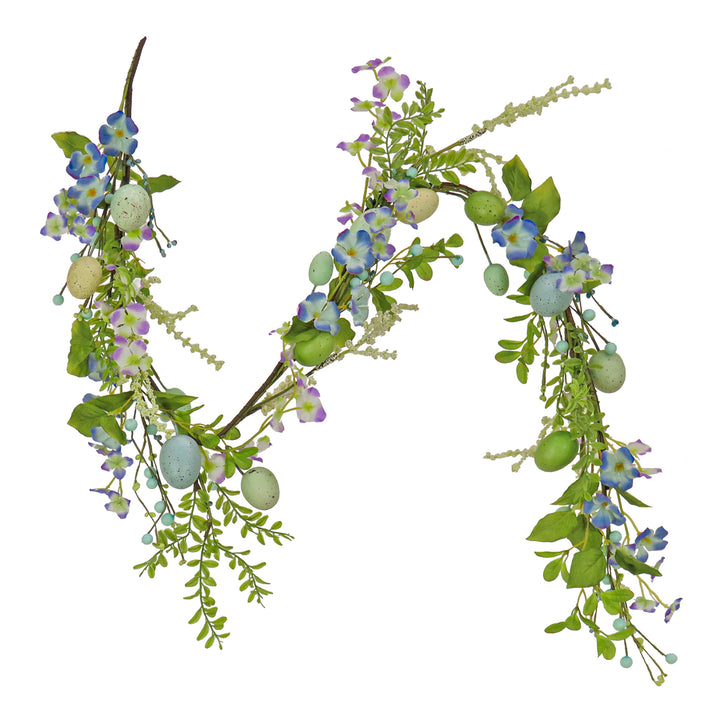 Artificial Spring Garland, Vine Stem Base, Decorated with Pastel Eggs, Blue Flowers, Berries, Easter Collection, 60 Inches