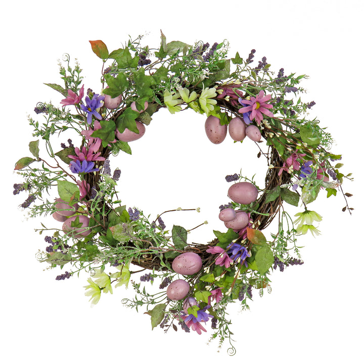 Artificial Spring Wreath, Woven Branch Base, Decorated with Purple Pastel Eggs, Pink Flowers, Leafy Greens, Easter Collection, 22 Inches