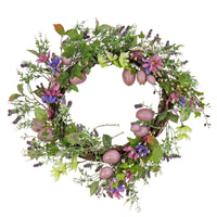 22 in. Easter Wreath Decorated with Purple Pastel Eggs, Pink Flowers, Leafy Greens - National Tree Company