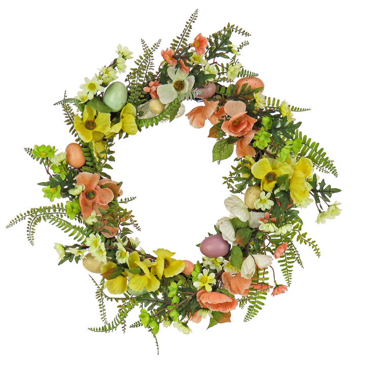 Artificial Spring Wreath, Woven Branch Base, Decorated with Colorful Pastel Eggs, Pink and Yellow Flowers, Ferns, Leafy Greens, Easter Collection, 22 Inches
