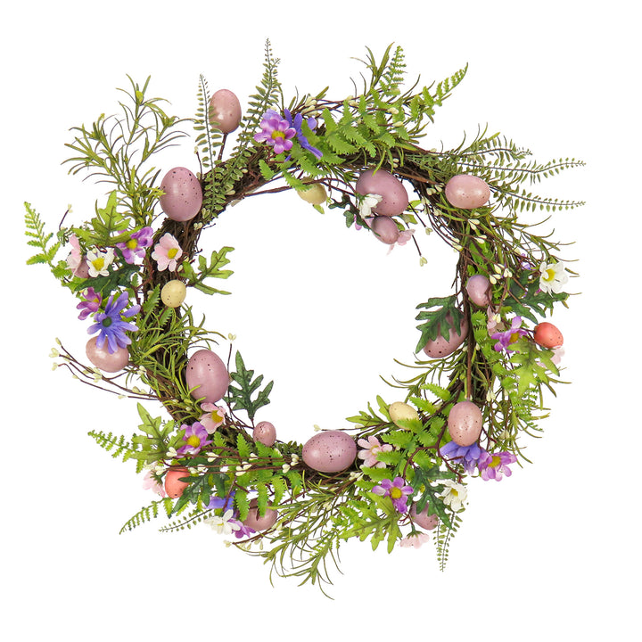 Artificial Spring Wreath, Woven Branch Base, Decorated with Pink Pastel Eggs, Purple Flowers, Ferns, Leafy Greens, Easter Collection, 22 Inches