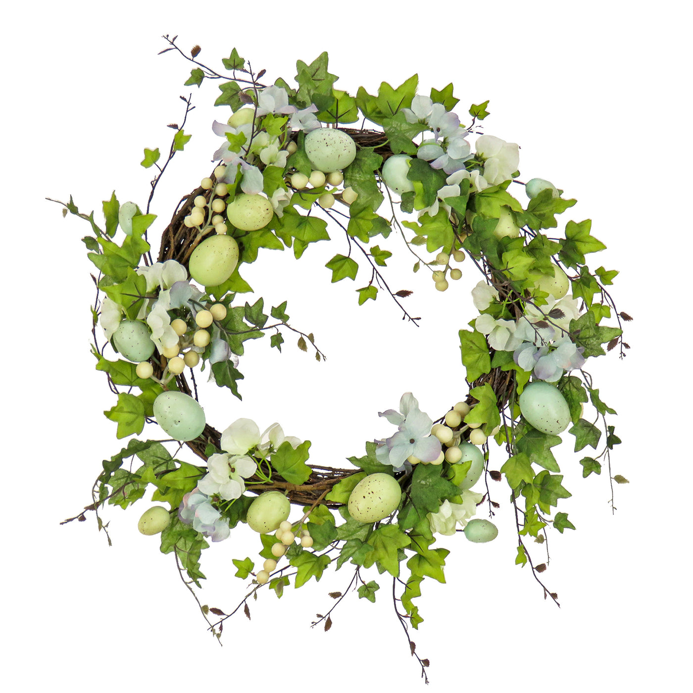 Artificial Spring Wreath, Woven Branch Base, Decorated with Pastel Eggs, Blue Flowers, Ivy, Leafy Greens, Easter Collection, 22 Inches - National Tree Company