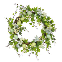 Artificial Spring Wreath, Woven Branch Base, Decorated with Pastel Eggs, Blue Flowers, Ivy, Leafy Greens, Easter Collection, 22 Inches - National Tree Company