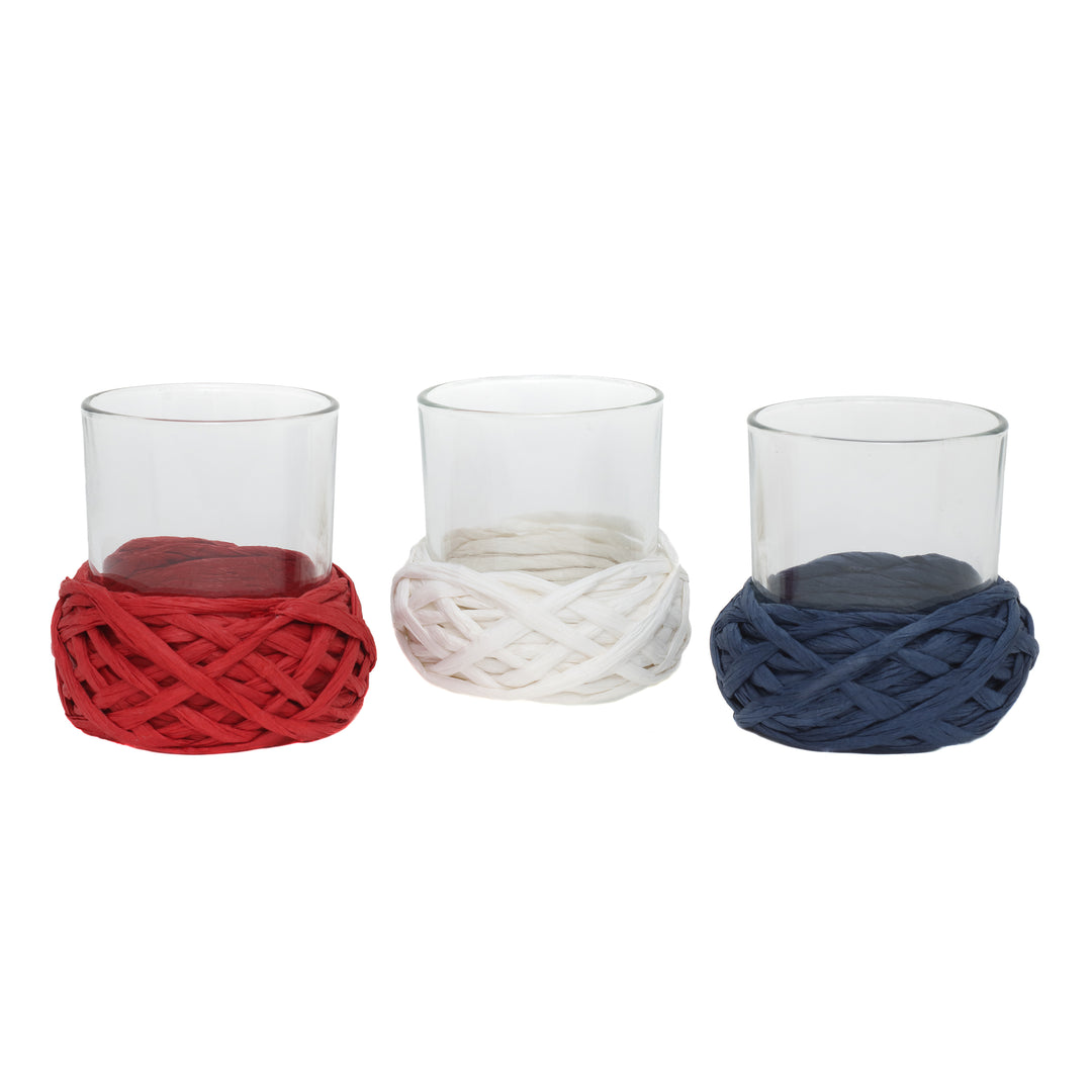 Patriotic Candleholders Set of 3 Holds One Candle Each Decorated with Red White and Blue Thread 4th of July Collection 35 Inches