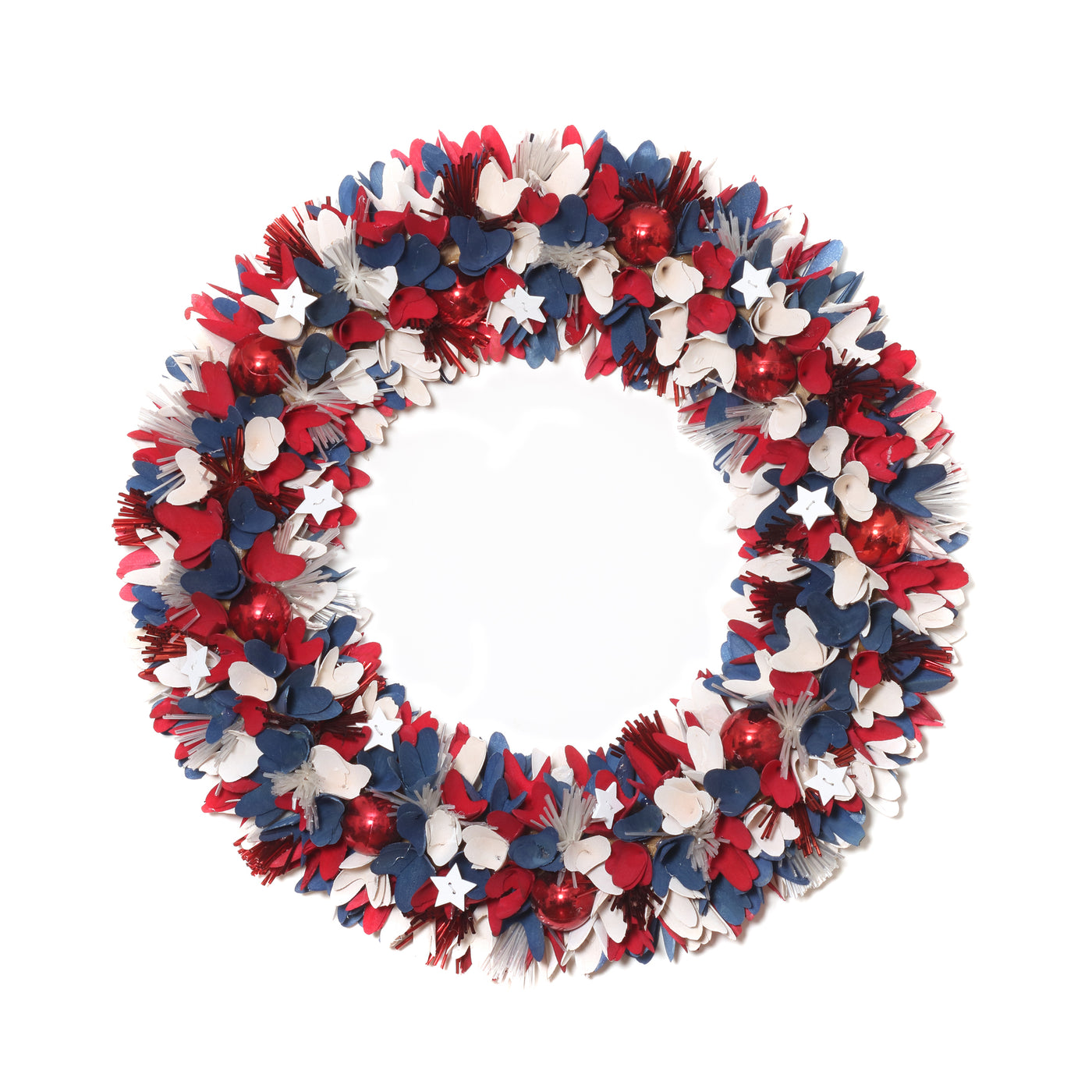 Patriotic Artificial Hanging Wreath Foam Base Decorated with Red White and Blue Flowers Petals Tinsel 4th of July Collection 21 Inches - National Tree Company