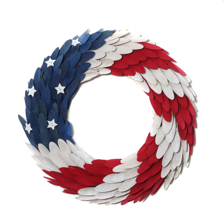 Patriotic Artificial Hanging Wreath Foam Base Decorated with Red White and Blue Wooden Feathers Stars 4th of July Collection 18 Inches