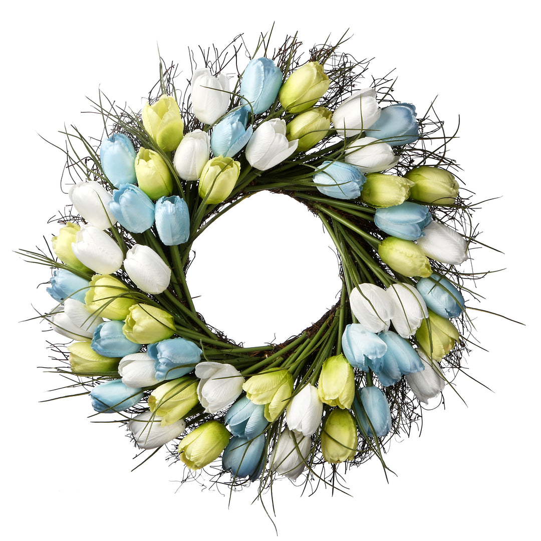 22" Wreath with yellow, blue and white Tulips