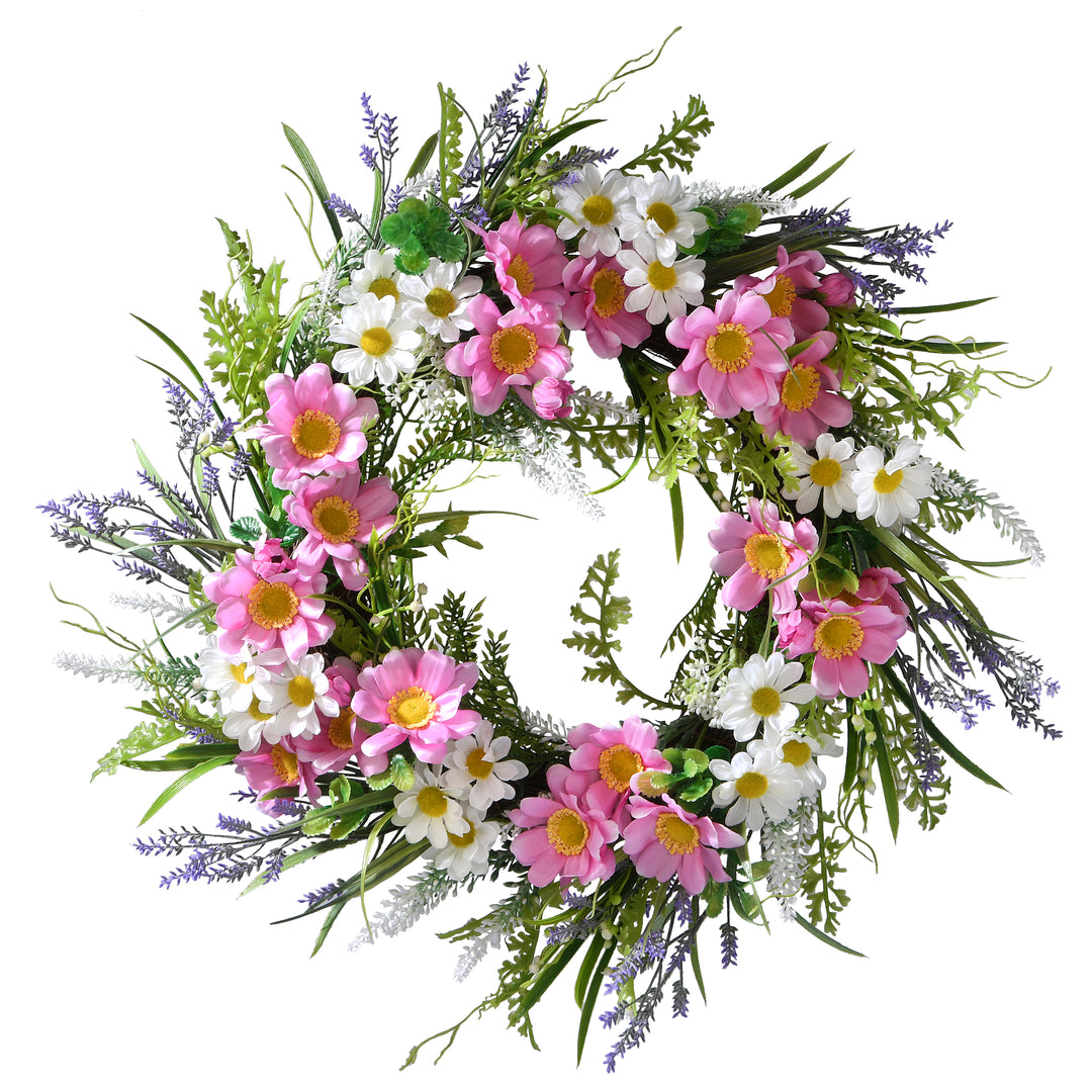 Artificial Hanging Wreath, Woven Branch Base, Decorated with Pink and White Daisies, Leafy Greens, Seed Pods, Spring Collection, 18 Inches