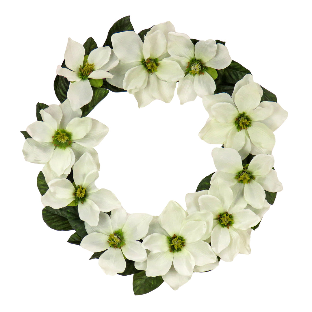 Artificial Spring Wreath, Vine Stem Base, Decorated with White Magnolia Flowers, Dark Green Leaves, Spring Collection, 24 Inches