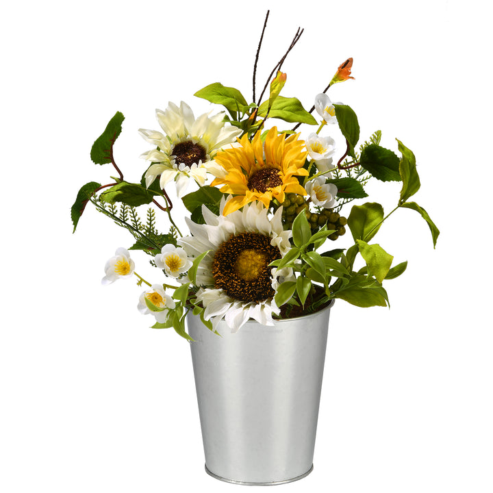 Artificial Potted Plant, Decorated with Sunflower Blooms, Fern Fronds, Flowing Green Stems, Berry Clusters, Includes Metal Pot Base, Spring Collection, 14 Inches