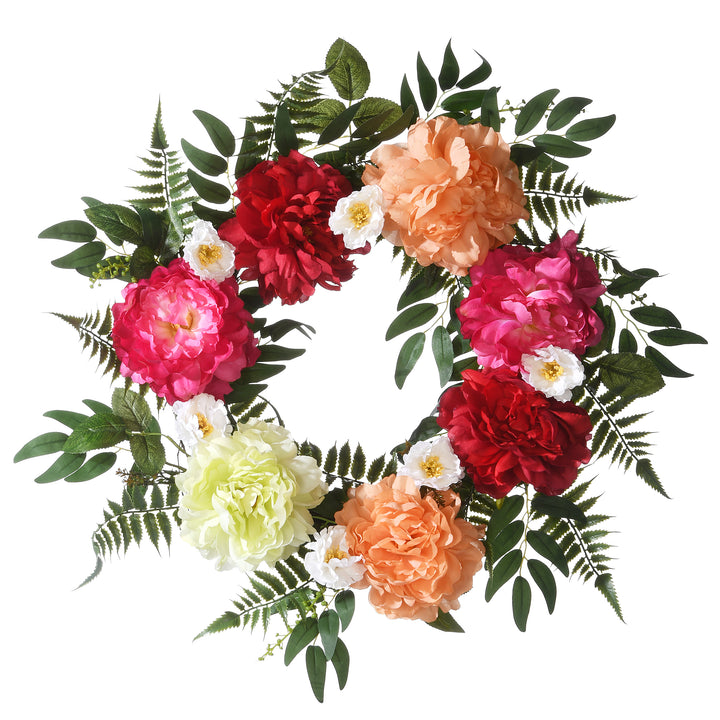 Artificial Hanging Wreath, Woven Vine Stem Base, Decorated with Flower Blooms, Leafy Greens, Spring Collection, 22 Inches