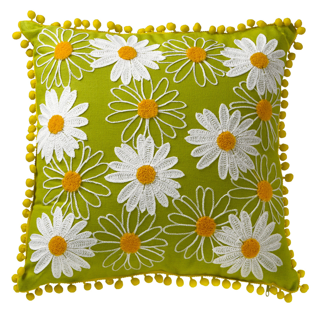 Festive Decorative Pillow, Green, Daisy Flower Bloom Embroidery, Spring Collection, 16 Inches