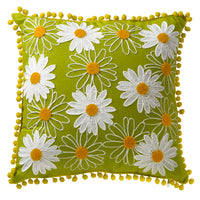 Festive Decorative Pillow, Green, Daisy Flower Bloom Embroidery, Spring Collection, 16 Inches - National Tree Company