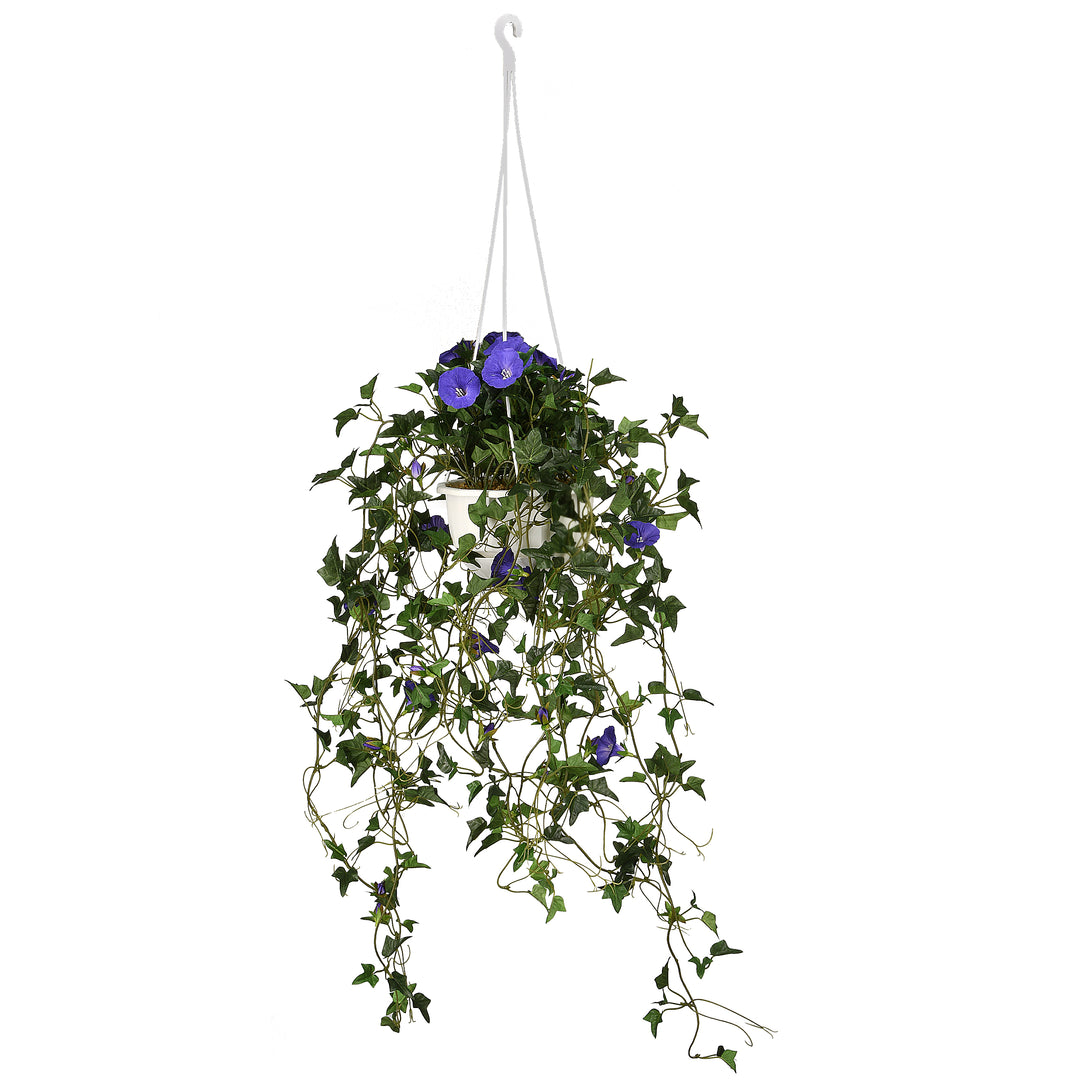 Artificial Hanging Basket, Morning Glory, Decorated with Blue Flower Blooms, Long Green Vines, Includes Plastic Pot Base and Hanging Loop, Spring Collection, 44 Inches