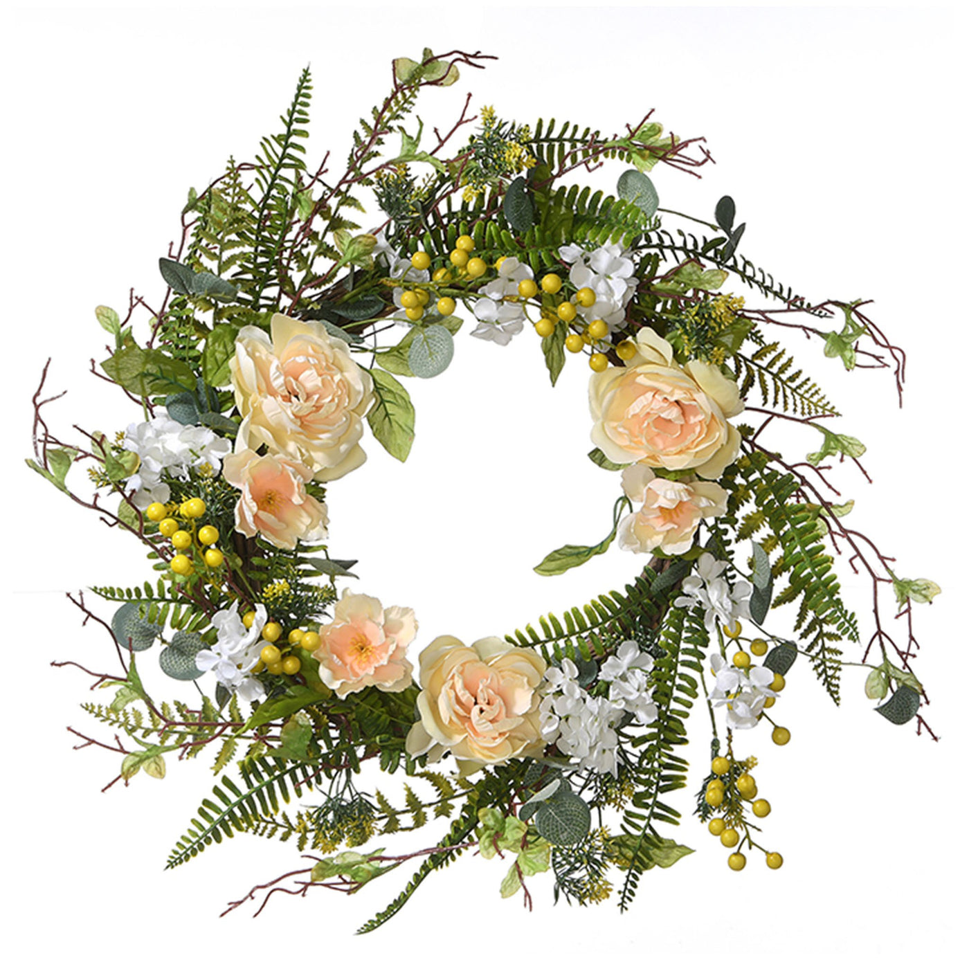 Artificial Hanging Wreath, Woven Branch Base, Decorated Pink and White Flower Blooms, Yellow Berry Clusters, Fern Fronds, Spring Collection, 20 Inches - National Tree Company